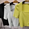 Sıradan Elbise Tasarımcısı Yaz Yeni Stil: Cömert yaka, ince ve seksi, basit kısa kollu kazak, bluz, dişi 9hma