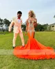 Orange Feathers Satin Mermaid Prom Sliver Crystal Beasing Black Girl O Neck Dresses For Bridal Party Evening Gala Gowns