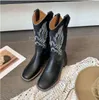 Designer Luxury Cowboy Boots for Womens Tall Boots Shoes Style Brown Leather Biker Boots Round Toe Chunky Heel Martin Boots Belt Buckle Trim