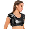 Débardeurs pour femmes WomensFashion Metallic Crop Top Ladies Short Sleeve Casual U Neck T-shirt Tops Music Festival Clubwear Rave Party Clothing