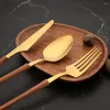 Juegos de vajilla, 4 Uds., juego de cubiertos de acero inoxidable dorado marrón, cuchillo, tenedor, cuchara de té, vajilla con mango de madera de imitación, cubiertos de cocina
