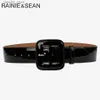 Bälten Rainie Sean Wide Belt Female Dress Belts Patent Läder äkta kohud svart elegant fransk lyxdesigner Kvinnor midjebälte Q231115