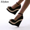 Gai eilyken marca sexy peep toe plataforma cunhas sandálias de salto alto feminino palha verão festa tornozelo-envoltório sapatos 230414 gai