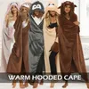 Blankets Autumn Winter Adults Wearable Hooded Blanket With Gloves Warm Fleece Hoodie Cloak Oversized Soft Cartoon Animal Sofa 231115