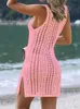 Casual Dresses Hollow Out Slit Cover Ups Summer Sexy Beach Dress Women Sleeveless Crochet Swimsuit Coverup Vestidos Female Bathing Suit 230414