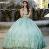 Mint Green Vestido de 15 Anos Princess XV Quinceanera klänningar med Cape Butterfly Applique Beadig Sweet 16 Prom -klänningar