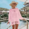 Kvinnors badkläder vit mesh klänning bikini cover-ups sexig se genom ihåliga ut tassel kvinnor kläder strand slitage baddräkt täcker 230414