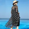 Kvinnors stickor 2023 Koreansk sommar elegant jacka Long Cardigan Coats Female Polka Dot Sunscreen Coat Chaqueta Mujer Women Beach Chiffon