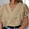 Damskie bluzki kobiety swobodna koszulka z dekoltem w dekolcie 2023 elegancka lady bat rękawa letnia bluzka moda solidna żakard biuro koronki pullover