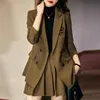 Zweiteiliges Kleid im koreanischen Stil, Herbst, formelle Damen, Khaki-Blazer, Frauen, Anzüge mit Sets, Arbeitskleidung, Bürouniform, großer Rock, Jack