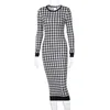 Vestidos casuais básicos houndstooth impressão mulheres manga longa midi vestido oco out bodycon sexy streetwear outono inverno clube elegante magro 231116