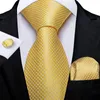 Bow Ties Yellow White Plaid Men's Neck Tie Handkerchief Set 8cm Width Business Wedding With Brooch Ring Luxury Gift DiBanGu