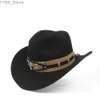 Breda brimhattar hink hattar mode ull kvinnor män ihåliga västra cowboy hatt roll-up wide brebentleman jazz sombrero hombre cap storlek 56-58cm med ko bälte yq231116