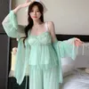 Femmes Sleep Lounge Femmes Peignoir Pyjama Costume Dentelle Maille Kimono Sangle Haut Pantalon Lingerie Été Pijamas Trois Pièces Ensemble Vêtements De Nuit Homewear zln231116