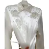 Damesblouses 3D-bloem Zware pailletten Wit overhemd met kralen Dames High-end satijnen polokraag Blouse met lange mouwen Zomer Kantoor Blusas Top