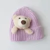 Berets Kids' Knitted Hat Plush Doll Bear Woolen Cap Little Autumn Winter Thickened Warm Baby Cute Outdoor Accessories