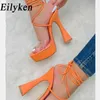 Nya PVC Transparent Sandals Fashion Peep Toe Ankle Cross Lace-Up Platform Chunky Square Heels Women Stripper Shoes 230306