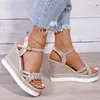 Dress Shoes Women's Chunky Wedge Peep Toe Sandals 2023 Summer Fashion Buckle Roman Style Platform Gladiator Silver Rubber Soft Sole