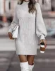 Two Piece Dres Knitted Sweater Dress Fall Winter Solid Casual Lantern Long Sleeve Turtleneck Ribbed Mini Cocktail Party Streetwear 231115