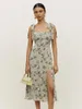 Casual Dresses Floral Printed Women Dress 2023 Summer Side Slit Tie Rems High midja Elegant Midi Female Vintage French Vestidos