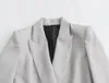 女性のスーツ2023女性ダブル胸長いブレザーファッションラペルショルダーパッドブレザーシックスリーブオフィスオーバーコートレディース服