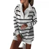 Women s Fur Faux Womens Casual Striped Sweater Dress Half Zip V Neck Knitted Long Sleeve Loose Mini Ropa De Mujer Winter Clothes Hoodie 231116