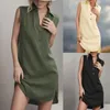 Casual Dresses V Neck Button Up Sleeveless For Women Turn Down Collar Side Slits Pullover Shirts Dress 2023 Cotton Linen Top