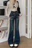 Kvinnors jeans sommarbyxor bälte denim boot klippt hög midja smalt montering rak rör mopp tätt mörkblå fickor