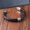 Bracelets porte-bonheur conception deux couches corde tressée marron noir Bracelet en cuir pour hommes en acier inoxydable bracelets bijoux cadeaux d'anniversaire