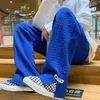 Herenbroeken Vintage blauwe jacquard heren joggingbroek mode streetwear broek losse zijsplit rechte pijp casual bodems mannelijke kleding