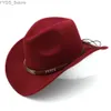 Szerokie brzegowe czapki wiadra kapelusze misty jesienne zima dzieci chłopcy dziewczęta Western Cowboy Hat Wide Rzem Cowgirl Cowgirl Cap z ręcznie działającym zespołem 54 cm YQ231116