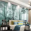 Fonds d'écran Fantasy Misty Forest Mural pour les murs du salon 3D Aquarelle Woods Elks And Birds Wandering Big Trees Wall Murals