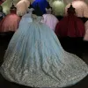Sky Light Blue Quinceanera Dree with Gold Lace Applique Coret Back Tale Off the Shoulder Beaded Cutom Sweet Prince Pageant Ball Gown