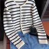 Women's Knits Retro Spring Black White Striped Knitted Cardigan Women Sueter Long Sleeve Sweater Mujer Red Cropped Coat Casual