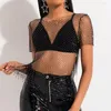 Chemisiers pour femmes Lady Club Cover Up Hollow Out See-through Short Sleeves Shiny Strass Clubwear Sparkling Fishnet Hopping Dancing Top