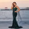 Emerald Green Long Meerjungfrau Abendkleider elegant für Frauen Spaghetti Samt Pailletten formelle Prom Partykleider