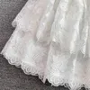 2023 Summer Retro Style Super Immortal Dress with Polo Collar Single breasted White Embroidered Bubble Sleeves A-line Cake Dress
