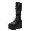 Stiefel Marke Design Weibliche Keile High Heels Knie Schwarz Plattform Boot Gothic Cosplay Schuhe Botas Femenina 231116