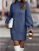 Two Piece Dres Knitted Sweater Dress Fall Winter Solid Casual Lantern Long Sleeve Turtleneck Ribbed Mini Cocktail Party Streetwear 231115
