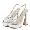 Dress Shoes Runway Style Crystal Rhinestones Women Platform Pumps Sandal Sexy Peep Toe Slip-On Silver High Heels Wedding Banquet Shoes 231116