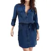 Robes décontractées Couleur unie pour femmes 2023 Manches longues Chemise à revers en vrac Robe Bouton à ongles Ouvert Poitrine Taille Cravate Denim