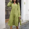 Casual Dresses Cotton Women Simple V Neck Puff Long Sleeve Smock Maxi Sundresses For Summer Kne Length Womens Fashion