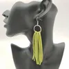 Pendientes colgantes Borla de cuero de gamuza sintética para mujer Círculo de plata bohemio elegante hecho a mano con flecos largos