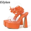 NOWOŚĆ PCV Transparent Sandals Fashion Peep Stop Kotki Krzyżowe Platforma Platforma Chunky Square Heels Women Stripper Buty 230306