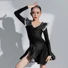 Stage Wear Girls Latin Dance Clothes Cha Ballroom Performance Costume Long Sleeves Black Dress Practice DNV16951