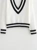 Kvinnors tröjor Aonibeier White Sticke Women Lose Sweater 2023 Autumn Long Sleeve Randiga Trims V Neck Pullovers Female Crop Top