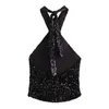 Women's Tanks Sexy Dark Sequin Velvet Halter Top Women Sleeveless Crop Tank Tops Party Black Backless Bodycon Vest One Piece Streetwear