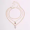 Hänghalsband Rhinestone Cherry Halsband Söt temperament Small Cross Charm Collone Multilayer Chain Choker för kvinnor