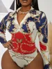 Kobiety shirt lw seksowne kombinezony łańcuch mody nadruk chuda bodysuit lapel długie rękawcze osłona ciało kształtowanie 1PC Koszulka Lady strój Rompers 231116