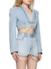 Robe de deux pièces Twotwinstyle épissé diamants gland denim ensemble pour femmes revers à manches longues manteau taille haute mini jupe mode 2023 231116